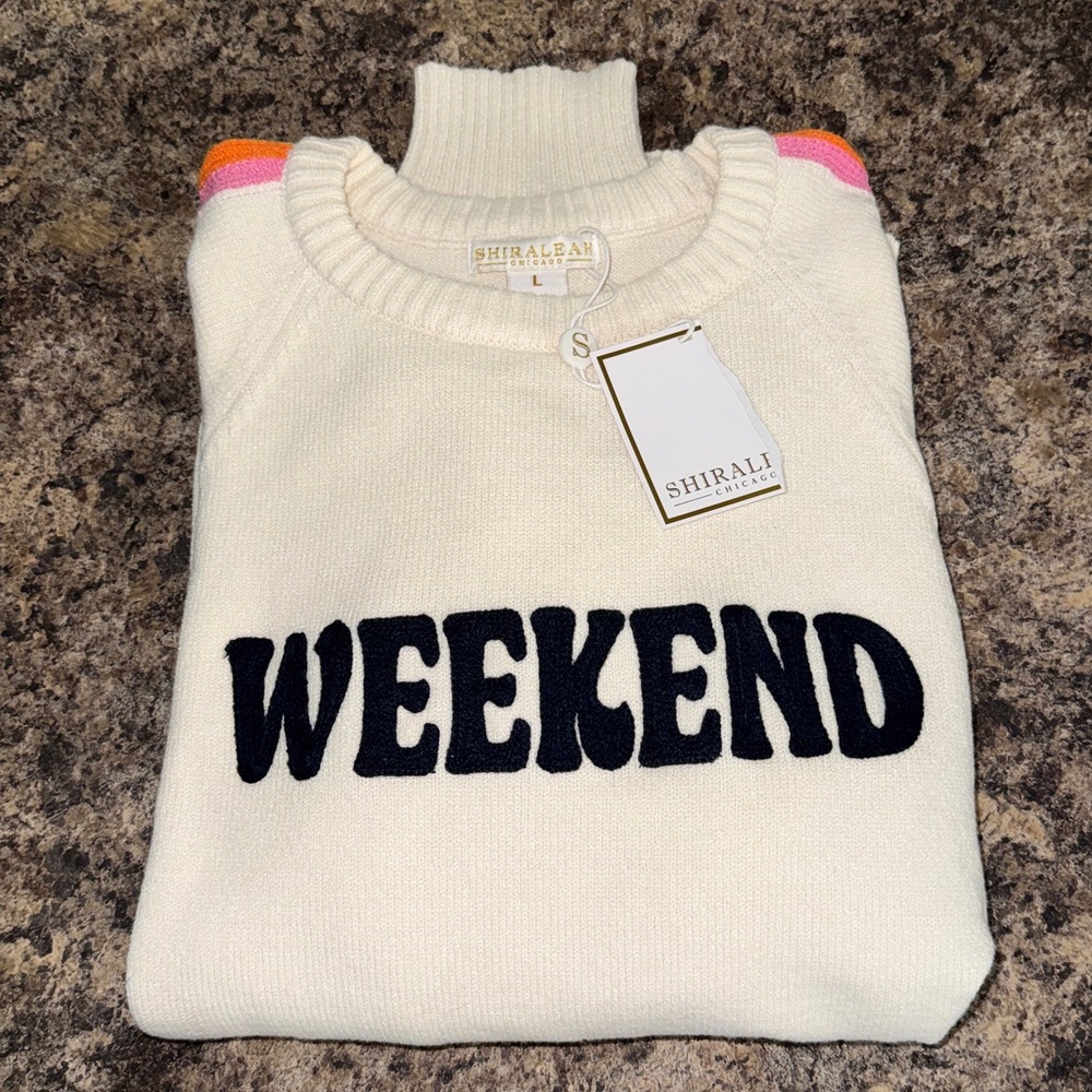 Shiraleah Cream "WEEKEND" Pullover Sweater Retro Rainbow Sleeves Size L NWT! - Picture 14 of 16